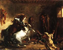 Eugene Delacroix Arabian Horses Fighting in a Stable